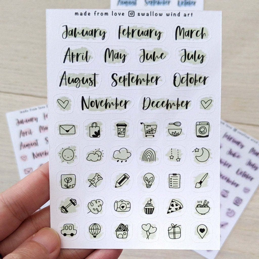 Sticker Sheet -  functional Month Script Stickers, Mixed Icon