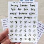 Sticker Sheet -  functional Month Script Stickers, Mixed Icon