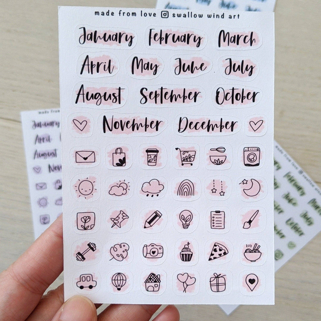 Sticker Sheet -  functional Month Script Stickers, Mixed Icon