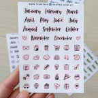 Sticker Sheet -  functional Month Script Stickers, Mixed Icon