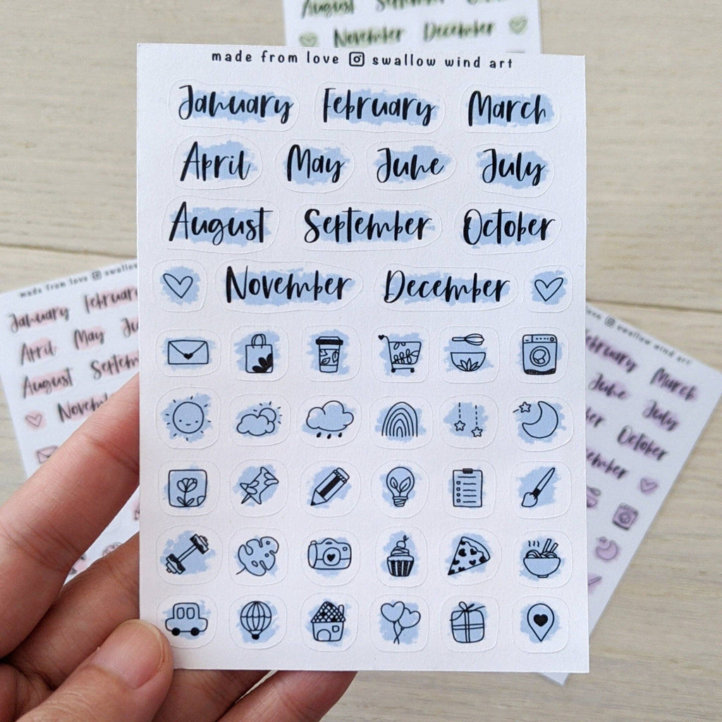 Sticker Sheet -  functional Month Script Stickers, Mixed Icon