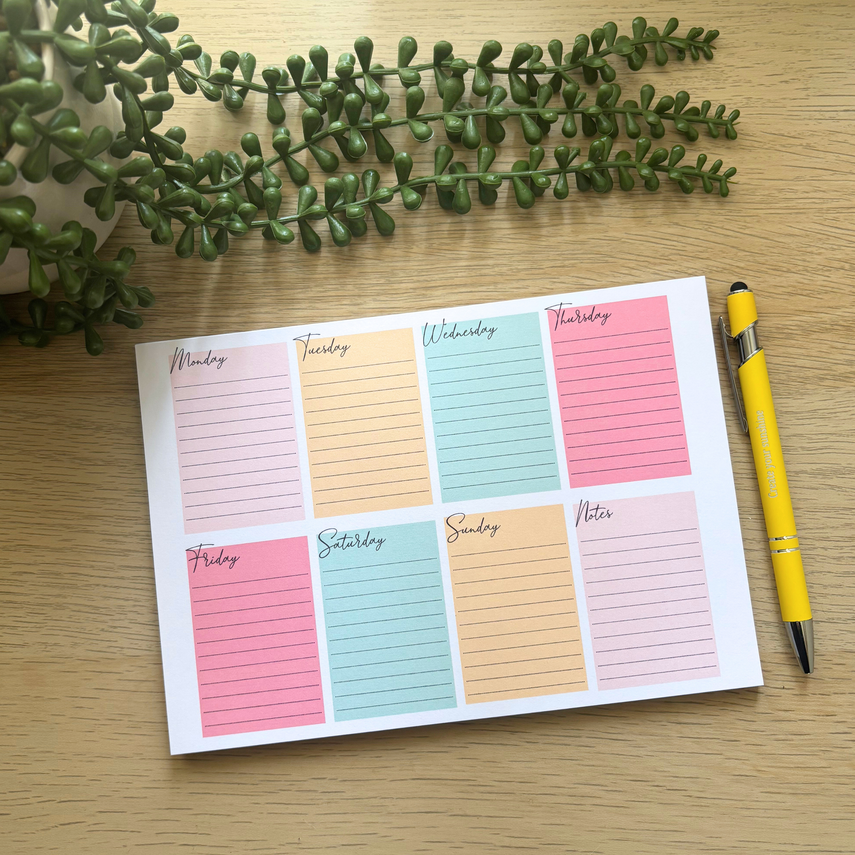 Bright coloured weekly Planner (lined) Notepad