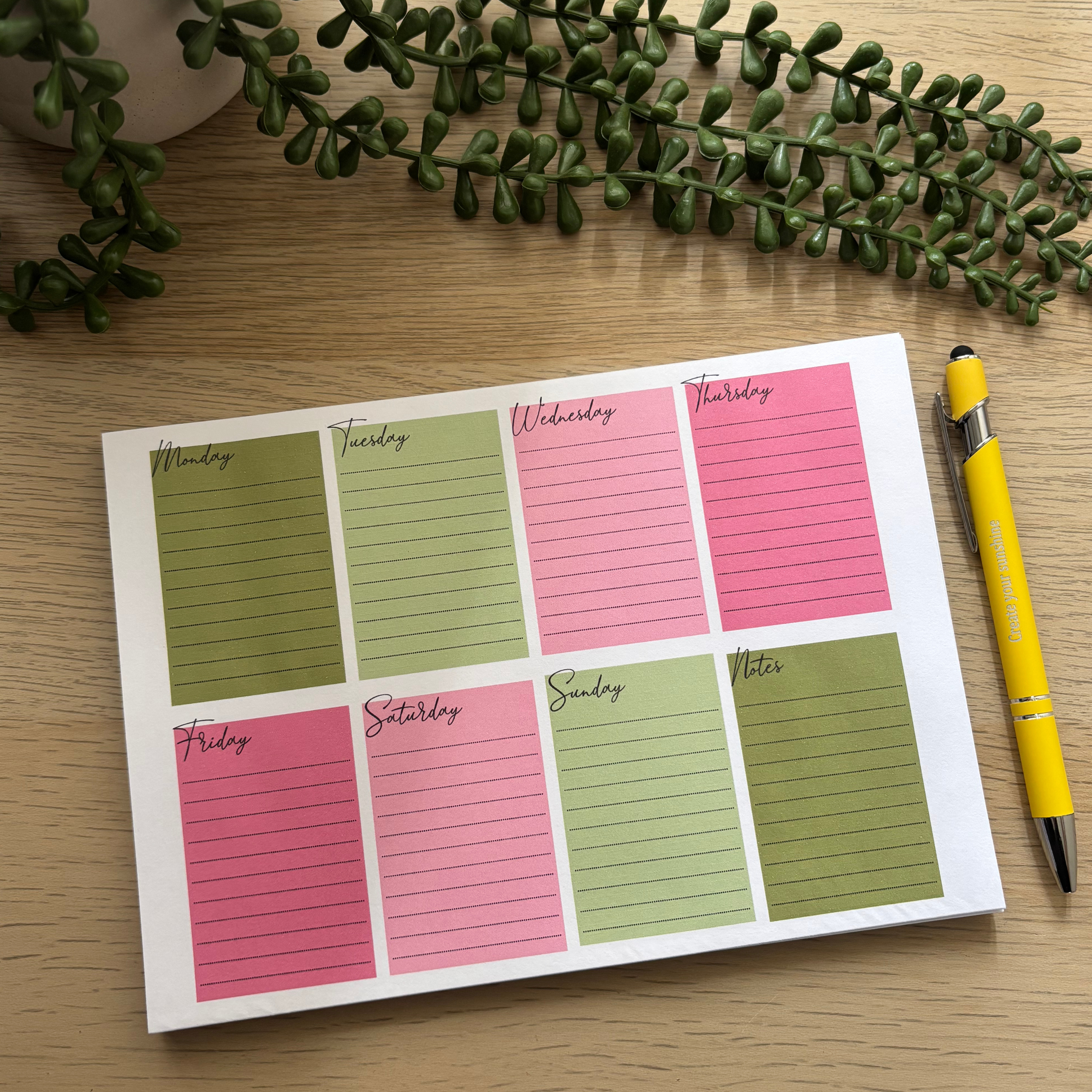 Green/pink coloured weekly Planner (lined) Notepad