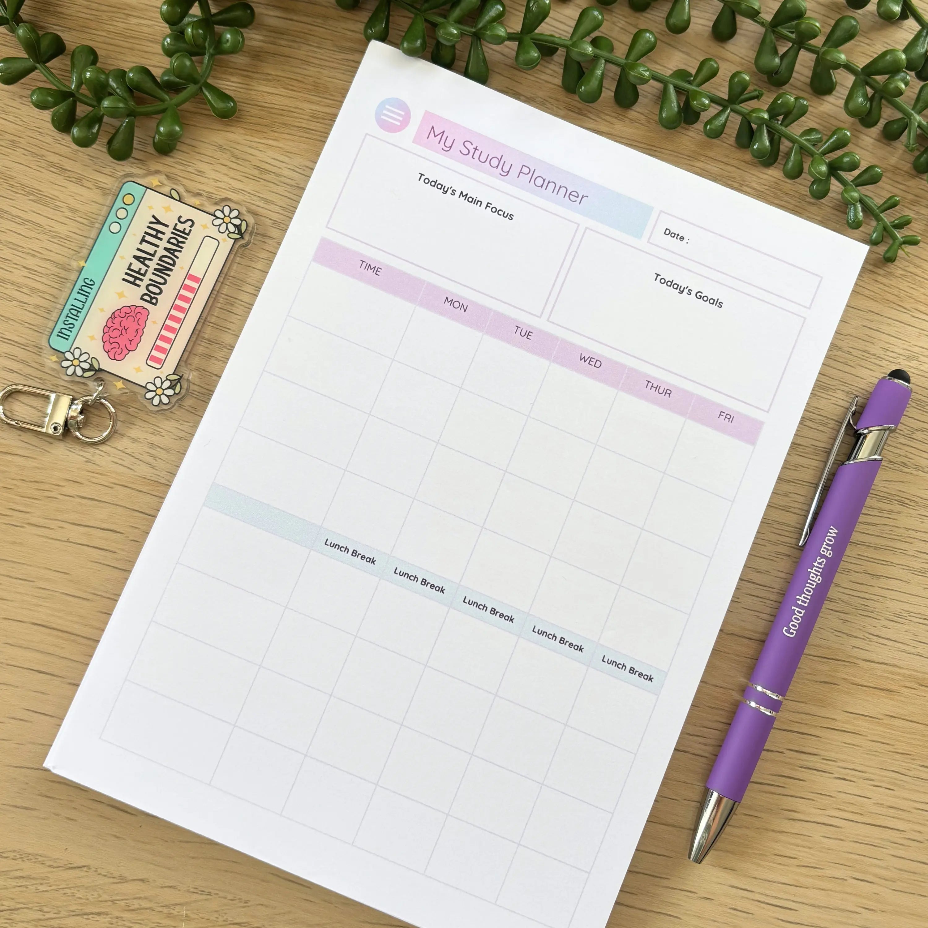 Minimalist study planner notepad with pink and blue ombre header and weekly grid layout.