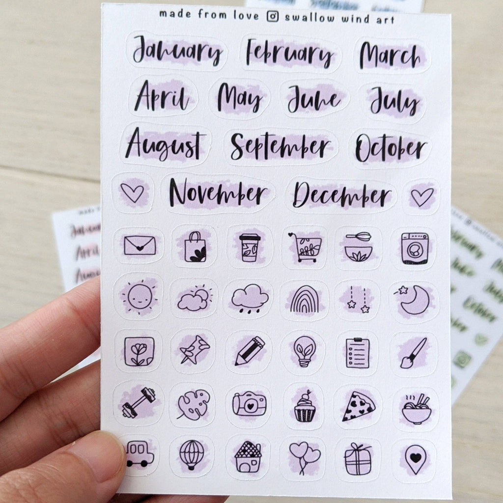 Sticker Sheet -  functional Month Script Stickers, Mixed Icon