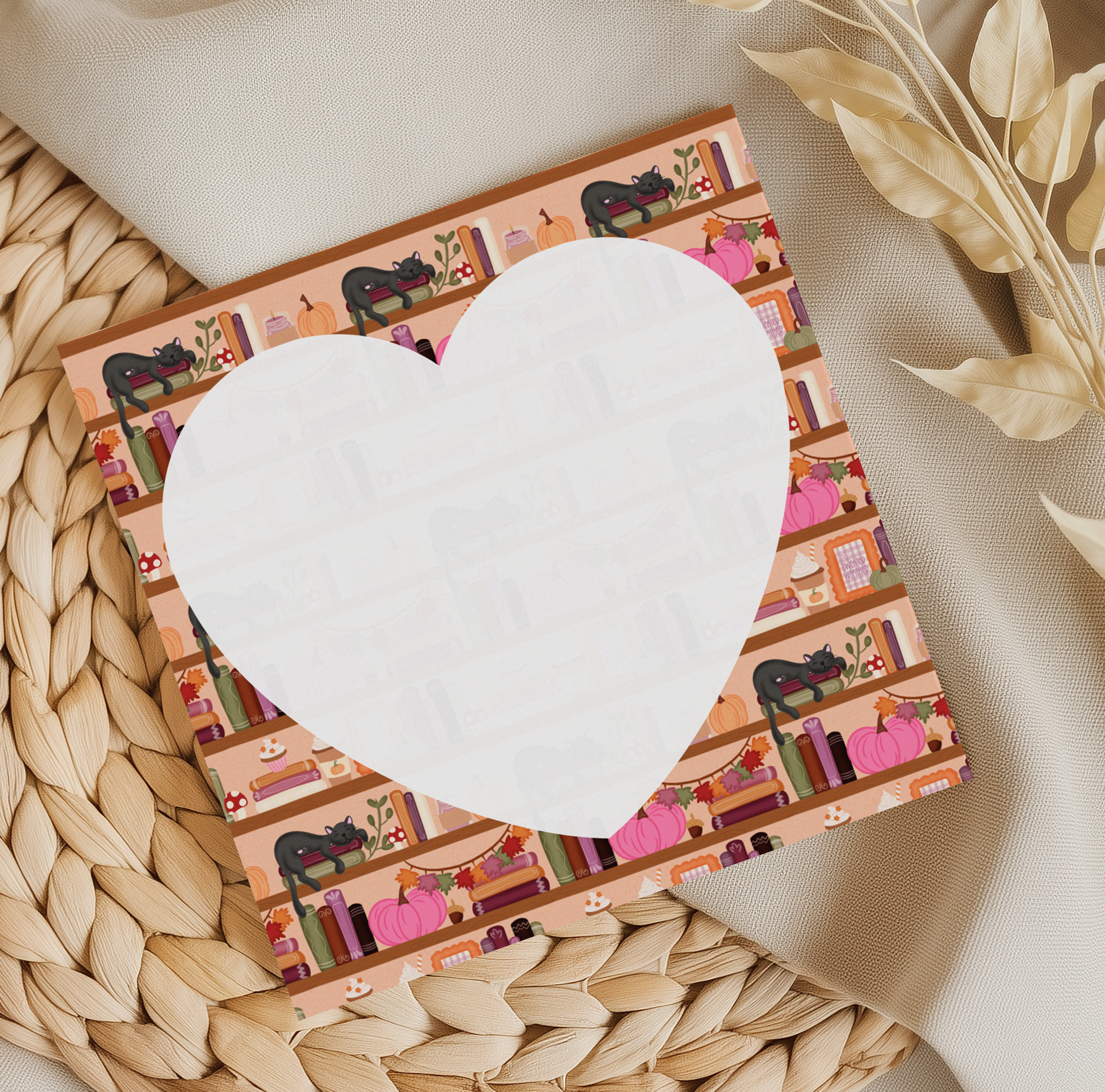 Black Cat Bookshelf Heart Memo Pad