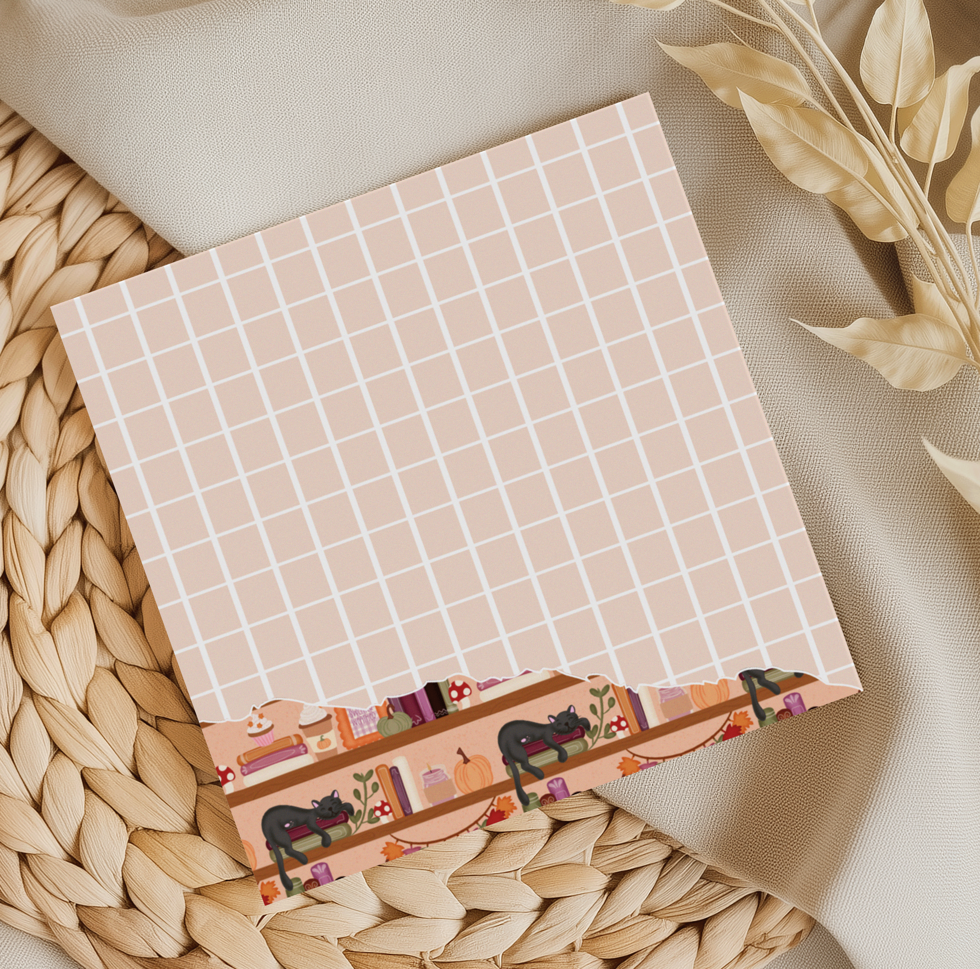 Black Cat Bookshelf Grid Memo Pad