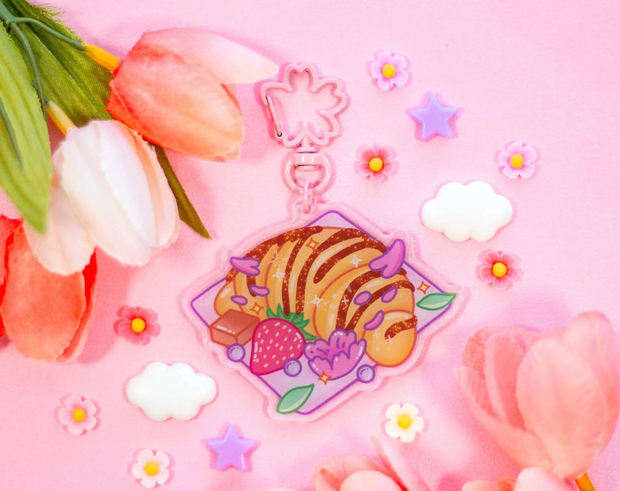 Cute illustration of a loaf of bread with strawberries on a pink background with flowers.
