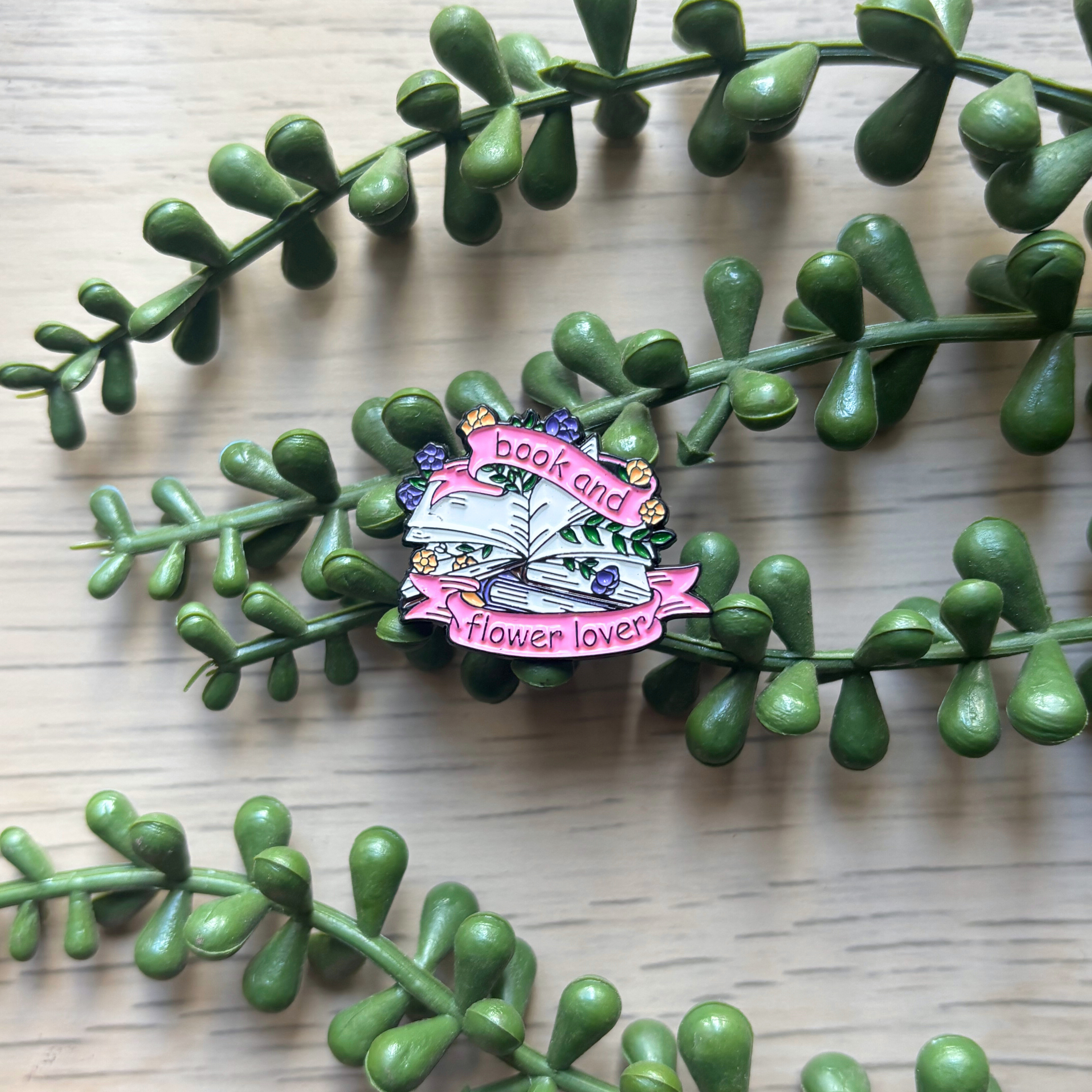 Book and flower lover pin