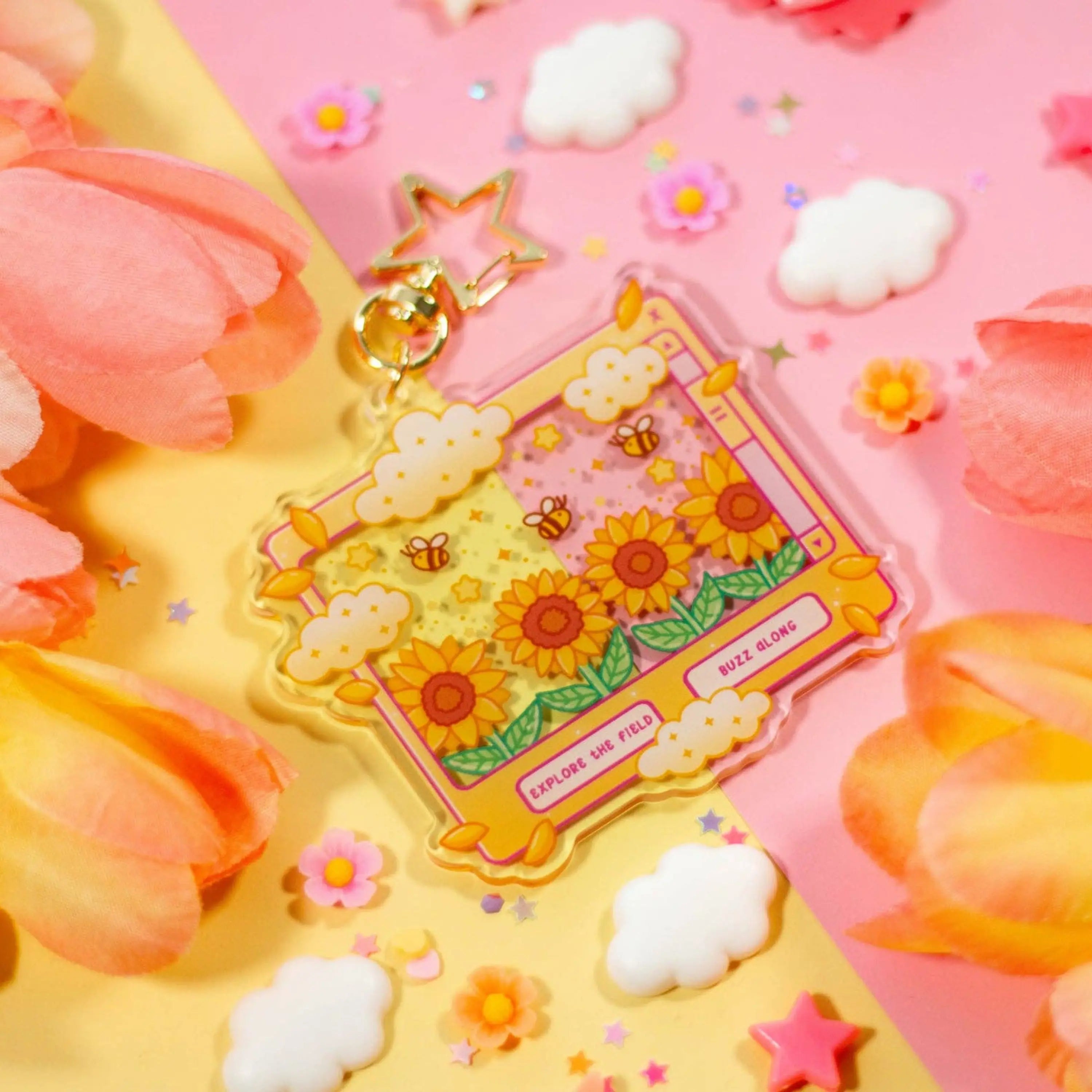 Decorative keyring with flowers and bees on a colorful background